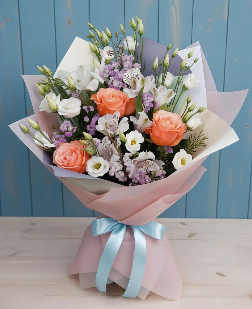 Букет цветов из: Лизиантусы, Розы, Альстромерии и Гипсофила в Цивильске